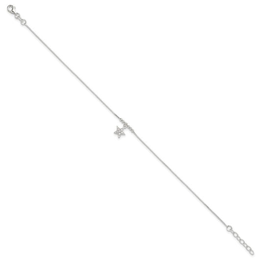 Sterling Silver CZ Star and Beads 9 inch Plus 1 inch Extender - Total 10 inch Anklet