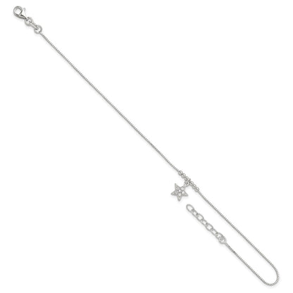 Sterling Silver CZ Star and Beads 9 inch Plus 1 inch Extender - Total 10 inch Anklet