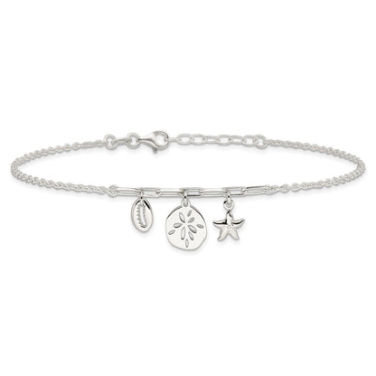 Sterling Silver Shell/SandDollar/Starfish 9 inch Plus 1 inch Extender - Total 10 inch Anklet