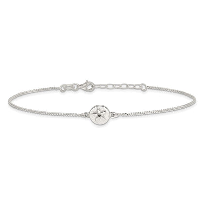 Sterling Silver CZ Sand Dollar 9 inch Plus 1 inch Extender - Total 10 inch Anklet
