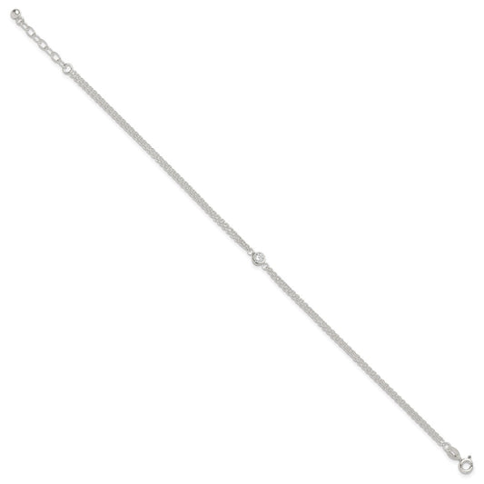 Sterling Silver Bezel CZ 2-Strand 9 inch Plus 1 inch Extender - Total 10 inch Anklet