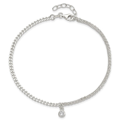 Sterling Silver CZ Fancy Chain 9 inch Plus 1 inch Extender - Total 10 inch Anklet