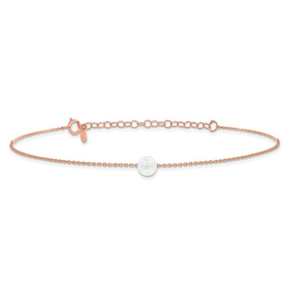 Sterling Silver Rose-tone White Created Opal Bead 9 inch Plus 2 inch Extender - Total 11 inch Anklet