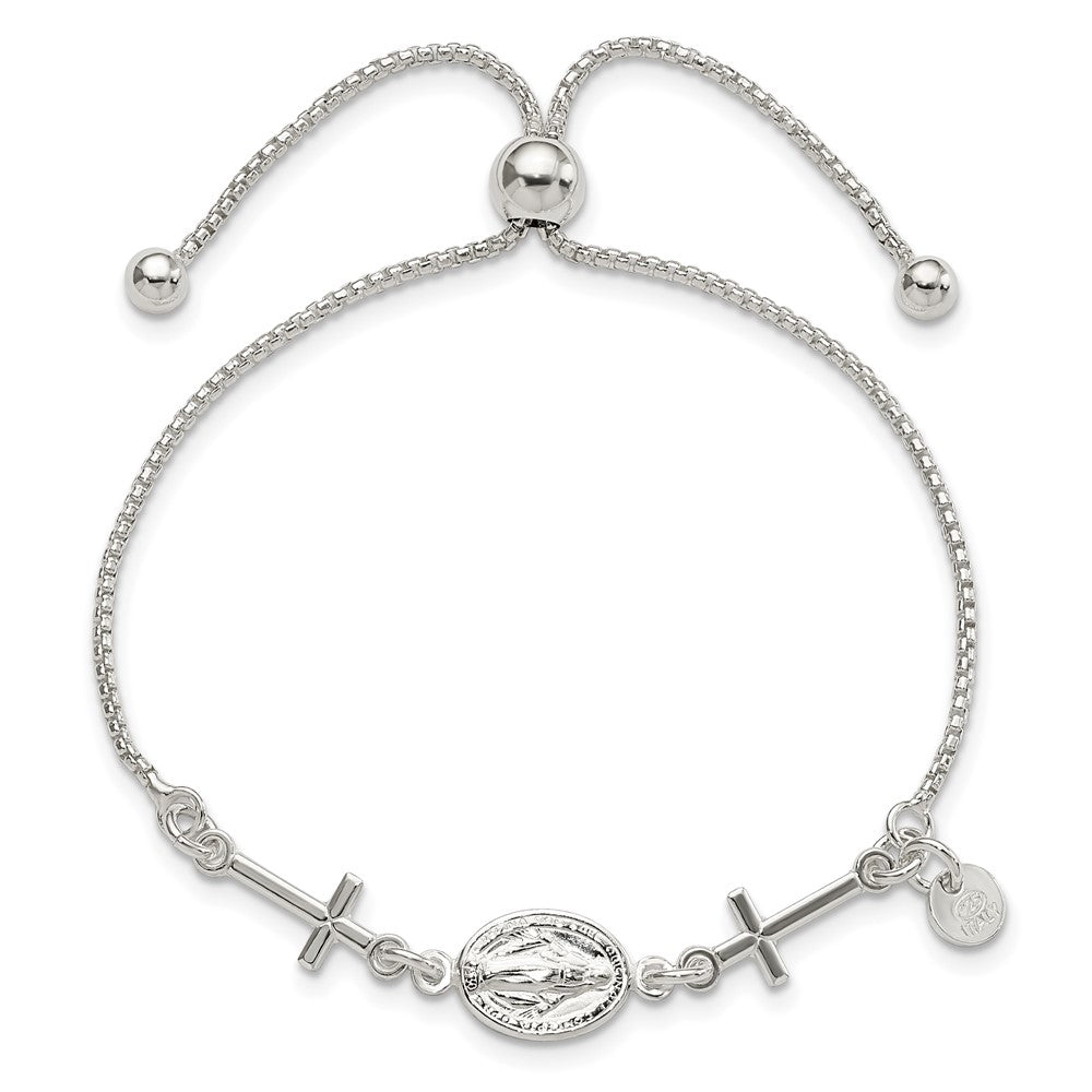 Sterling Silver Miraculous Medal and Crosses Adjustable Bolo Bracelet