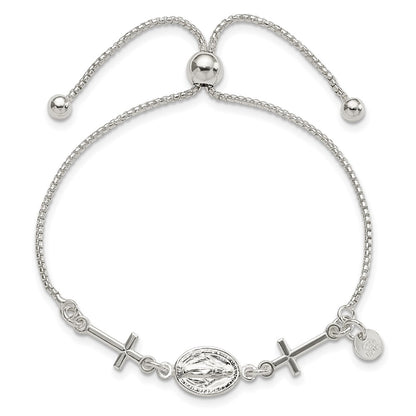 Sterling Silver Miraculous Medal and Crosses Adjustable Bolo Bracelet