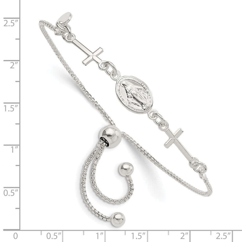 Sterling Silver Miraculous Medal and Crosses Adjustable Bolo Bracelet