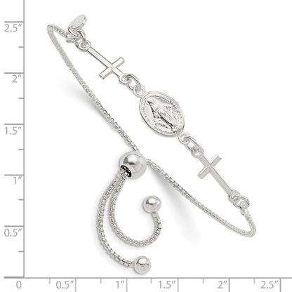Sterling Silver Miraculous Medal and Crosses Adjustable Bolo Bracelet