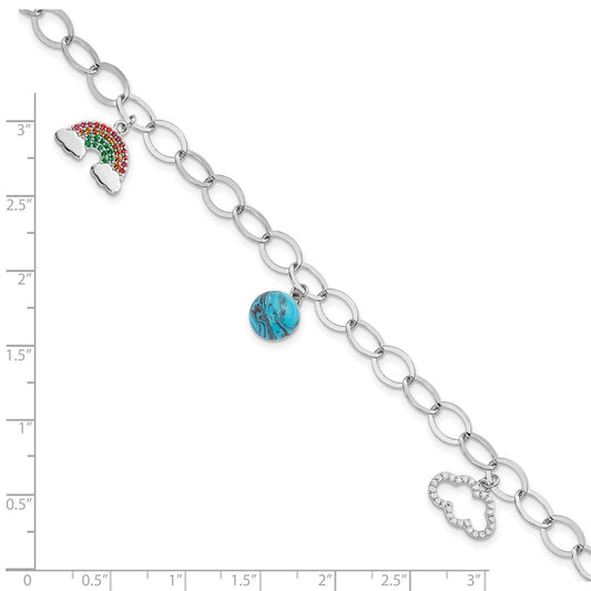 Sterling Silver Rhodium-plated Multi-color Nano Crystal Rainbow / Turquoise / Cloud Charms 8 inch Bracelet
