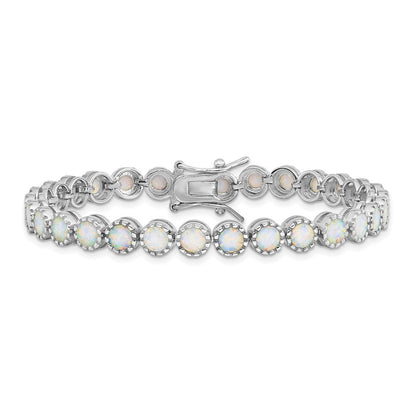 Sterling Silver Rhodium-plated Beaded White Created Opal Inlay Bracelet
