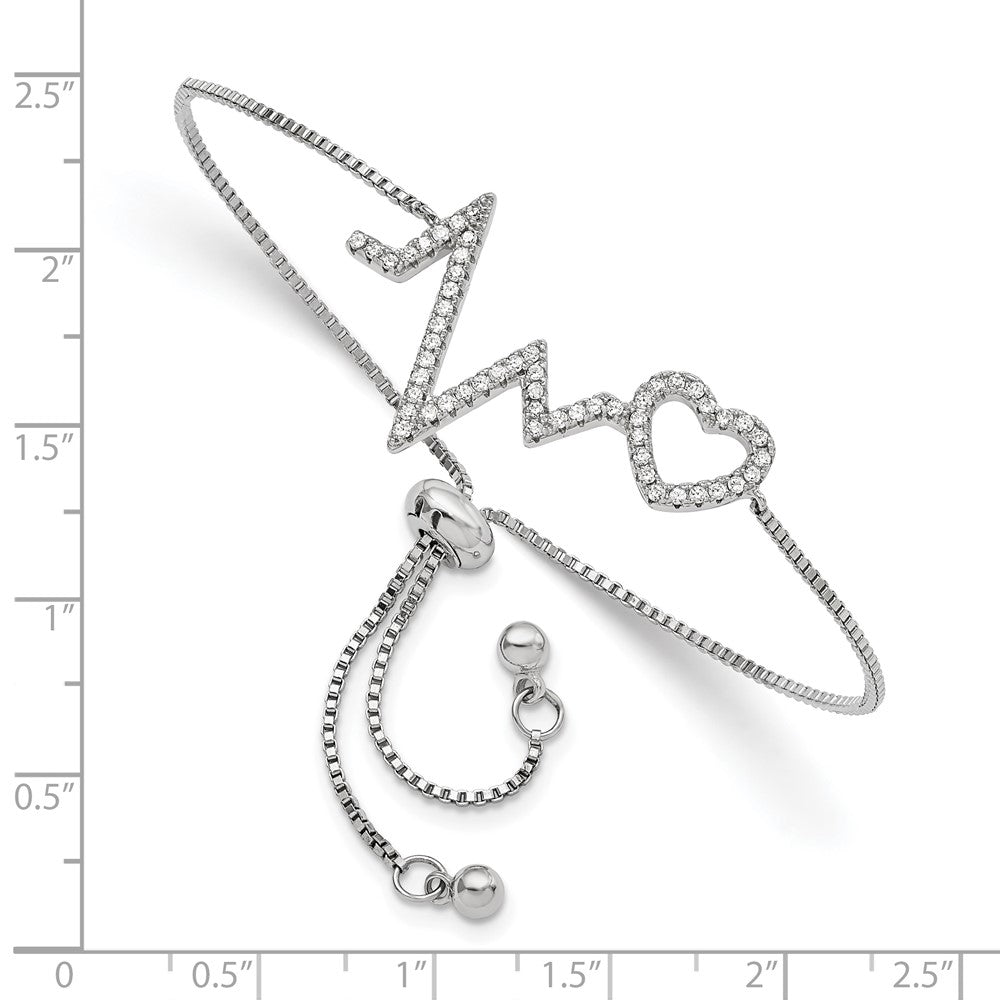 Sterling Silver Polished Rhodium Micro Pav CZ Heartbeat Adj. Bracelet