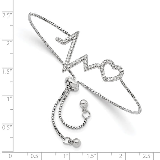 Sterling Silver Rhodium-plated Polished Micro Pave CZ Heartbeat Adjustable Bolo Bracelet