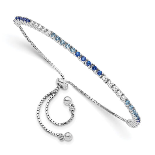 Sterling Silver Rhodium-plated Lab Created Blue Spinel and CZ Adjustable Bolo Bracelet