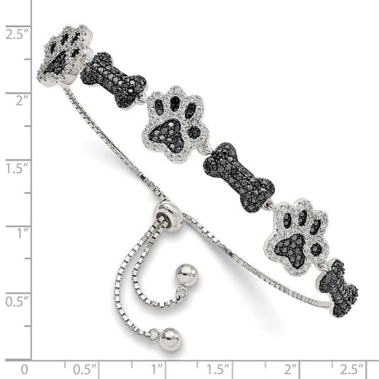 Sterling Silver Rhodium-plated CZ Paw Print & Dog Bone Adj Bracelet