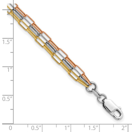Sterling Silver Rhodium-plated Rose-tone and Gold-tone Paperclip Link 3-strand 7.5 inch Bracelet