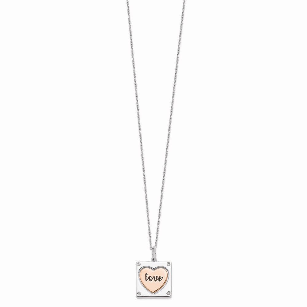 Sterling Silver RH-plated Rose-tone MOM/LOVE Heart Center Spins CZ w/2in ex