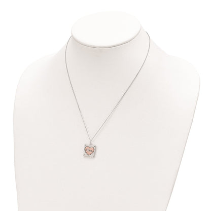 Sterling Silver RH-plated Rose-tone MOM/LOVE Heart Center Spins CZ w/2in ex