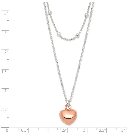 Sterling Silver Rose-tone Beaded and Puffed Heart 2-Strand Adjustable 17 inch Necklace