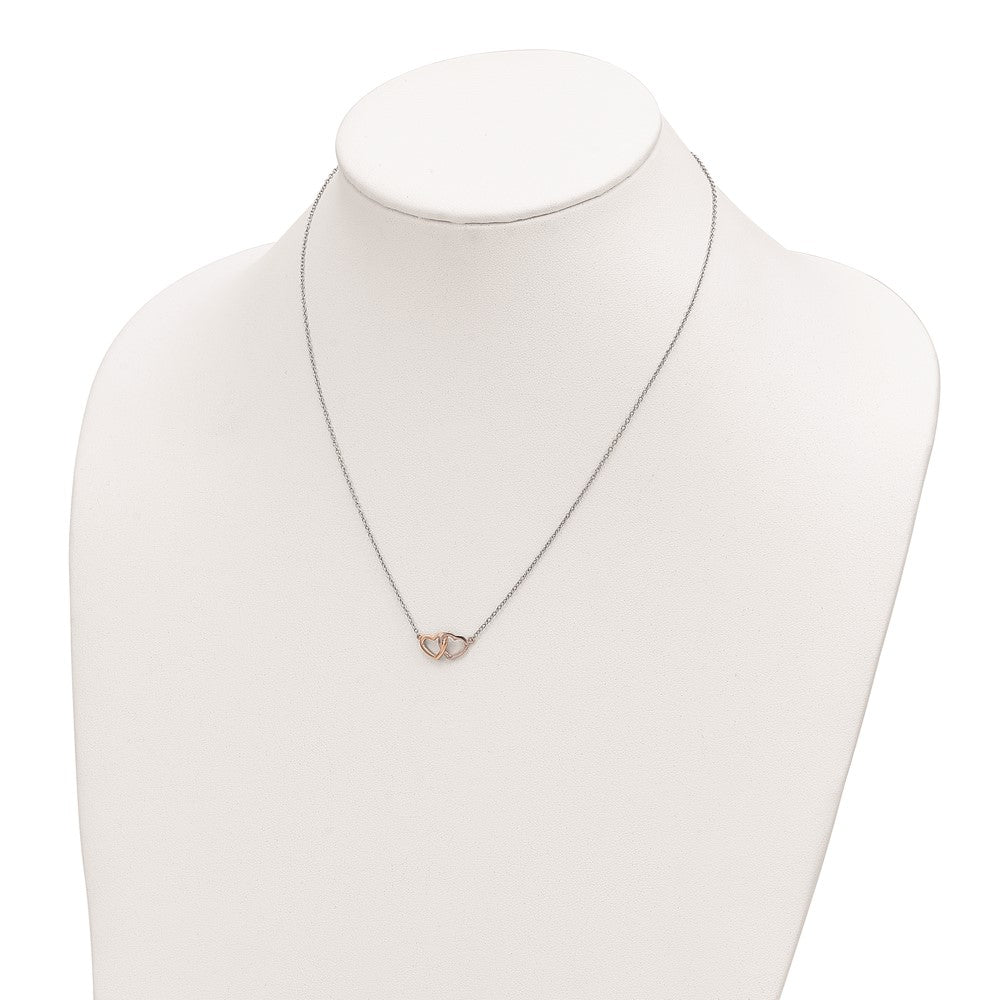 Sterling Silver Rhodium-plated Rose-tone Polished Hearts Necklace