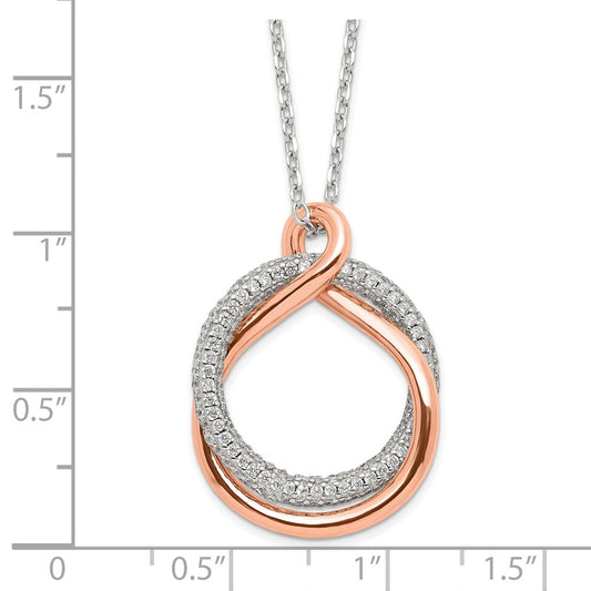 Sterling Silver Rose-tone Polished Pave CZ Circle Twist 15.5 inch with 2 inch Extension Necklace