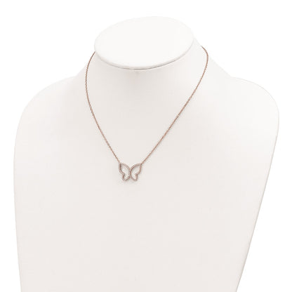 Sterling Silver Rose-tone Polished Open Butterfly CZ w/2 in ext. Necklace