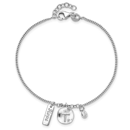 Sterling Silver Rhodium-plated Satin Cross Hope CZ with .5in Ext Bracelet