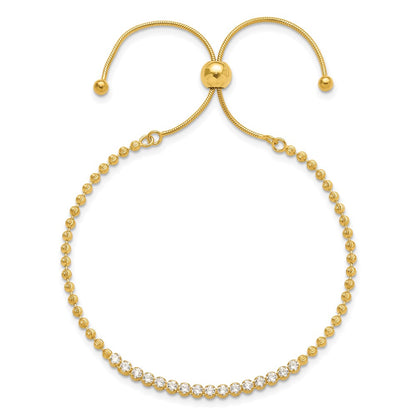 Sterling Silver Polished Gold-tone D/C with CZ Adjustable Bracelet
