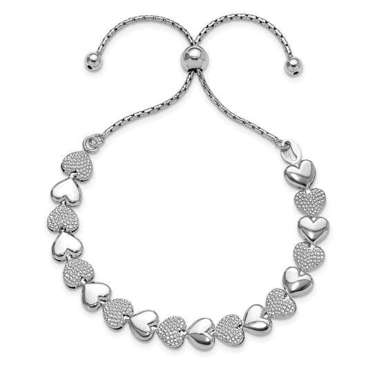 Sterling Silver Rhodium-plated Polished and Textured Hearts Adjustable Bolo Bracelet