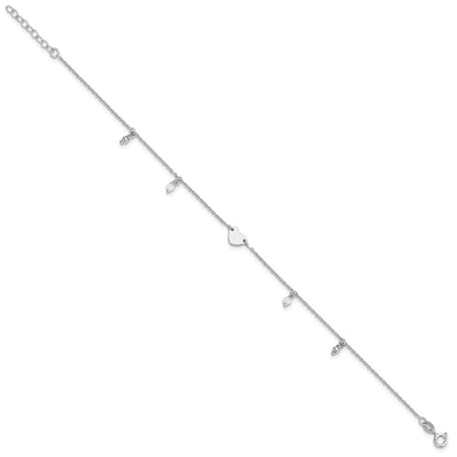 Sterling Silver Rhodium-plated Heart/Glass Beads 9 inch Plus 1 inch Extender - Total 10 inch Anklet