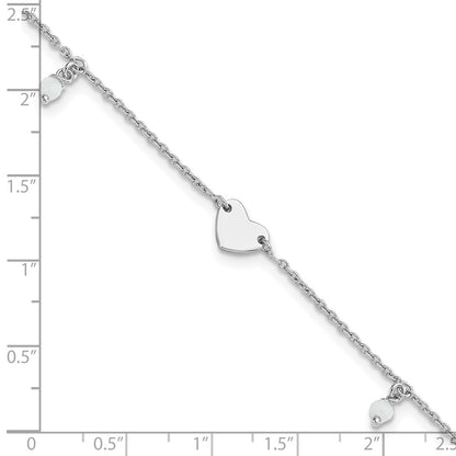 Sterling Silver Rhodium-plated Heart/Glass Beads 9 inch Plus 1 inch Extender - Total 10 inch Anklet