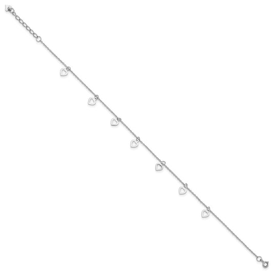 Sterling Silver Rhodium-plated Heart Charms 9.5 inch Plus 1 inch Extender - Total 10.5 inch Anklet