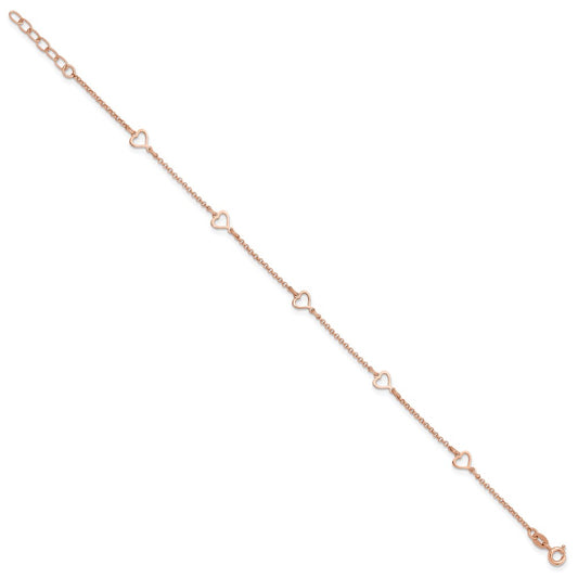 Sterling Silver Rose-tone Hearts 9 inch Plus 1 inch Extender - Total 10 inch Anklet