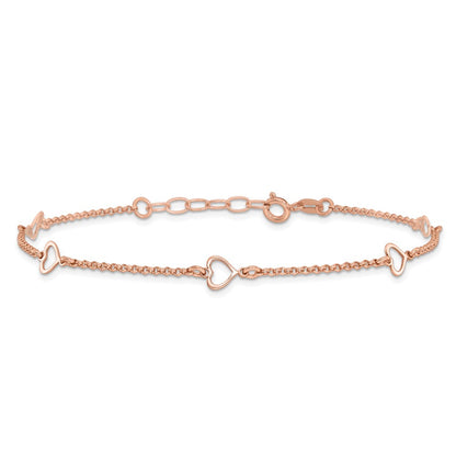 Sterling Silver Rose-tone Hearts 9 inch Plus 1 inch Extender - Total 10 inch Anklet