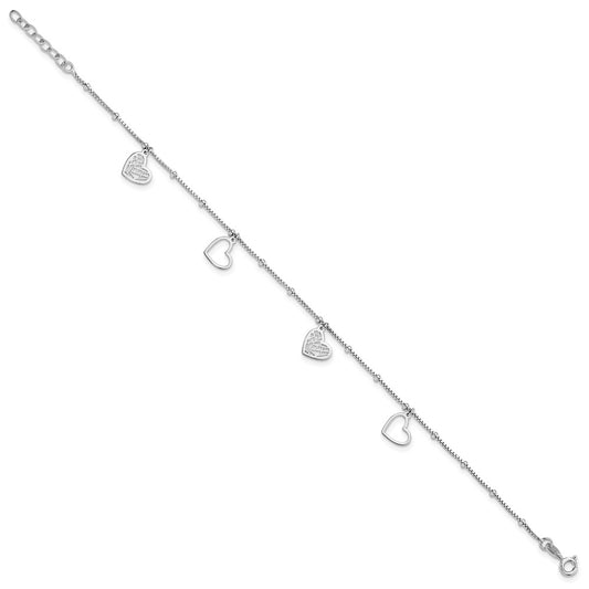 Sterling Silver Rhodium-plated Cut-out Hearts 9 inch Plus 1 inch Extender - Total 10 inch Anklet