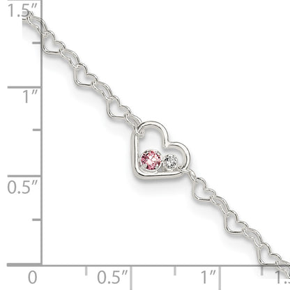 Sterling Silver CZ Heart Link 9 inch Plus 1 inch Extender - Total 10 inch Anklet
