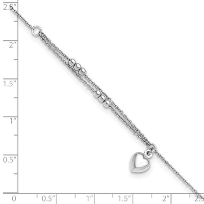 Sterling Silver Rhodium-plated Beads/Heart Dangle 9 inch Plus 1 inch Extender - Total 10 inch Anklet