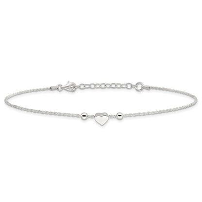 Sterling Silver Heart/Beads 9 inch Plus 1 inch Extender - Total 10 inch Anklet