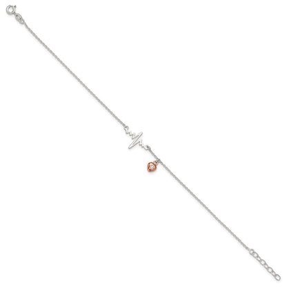 Sterling Silver Rose-tone CZ Heart and Heartbeat 9 inch Plus 1 inch Extender - Total 10 inch Anklet
