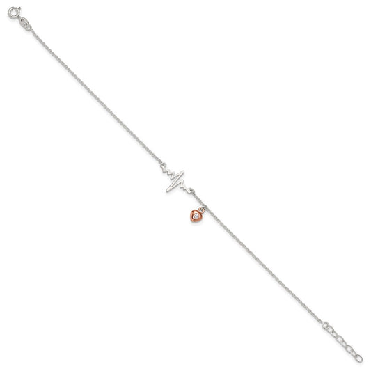 Sterling Silver Rose-tone CZ Heart and Heartbeat 9 inch Plus 1 inch Extender - Total 10 inch Anklet