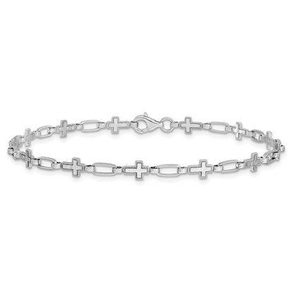 Sterling Silver Rhodium-plated Cross 7.5in Bracelet