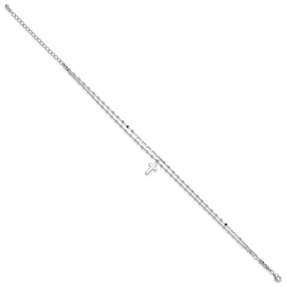 Sterling Silver Rhodium-plated 2-Strand Cross Charm 8.75 inch Plus 2 inch Extender - Total 10.75 inch Anklet