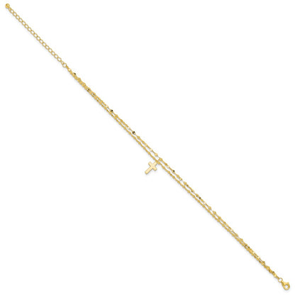 Sterling Silver Gold-tone 2-Strand Cross Charm 8.75 inch Plus 2 inch Extender - Total 10.75 inch Anklet