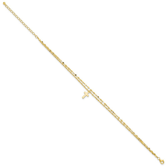 Sterling Silver Gold-tone 2-Strand Cross Charm 8.75 inch Plus 2 inch Extender - Total 10.75 inch Anklet