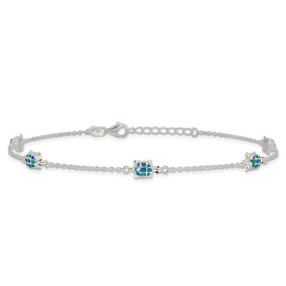 Sterling Silver Enamel Turtle 5-Station 10 inch Plus 1 inch Extender - Total 11 inch Anklet