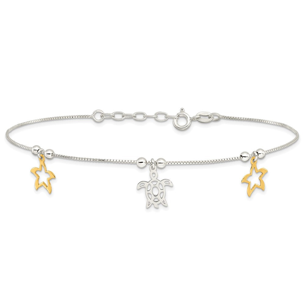 Sterling Silver Gold-Tone Starfish and Turtle 9 inch Plus 1 inch Extender - Total 10 inch Anklet