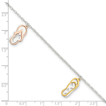 Sterling Silver Rose-tone and Gold-Tone Flip Flops 9 inch Plus 1 inch Extender - Total 10 inch Anklet