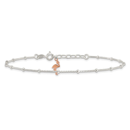 Sterling Silver Rose-Tone Flamingo Dangle 9 inch Plus 1 inch Extender - Total 10 inch Anklet