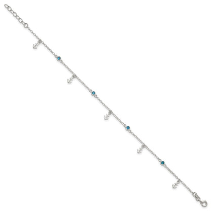 Sterling Silver Blue CZ / Anchors 9 inch Plus 1 inch Extender - Total 10 inch Anklet