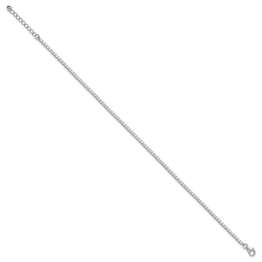Sterling Silver Rhodium-plated 2mm CZ 9 inch Plus 1 inch Extender - Total 10 inch Anklet