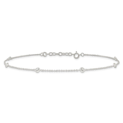 Sterling Silver E-coated CZ 6-Station 9.75 inch Plus 1 inch Extender  - Total 10.75 inch Anklet