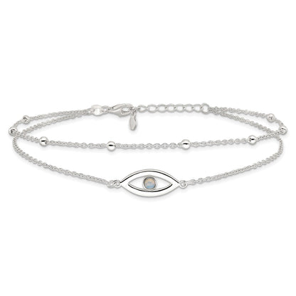 Sterling Silver Created Opal Eye 2-Strand 9 inch Plus 1 inch Extender - Total 10 inch Anklet